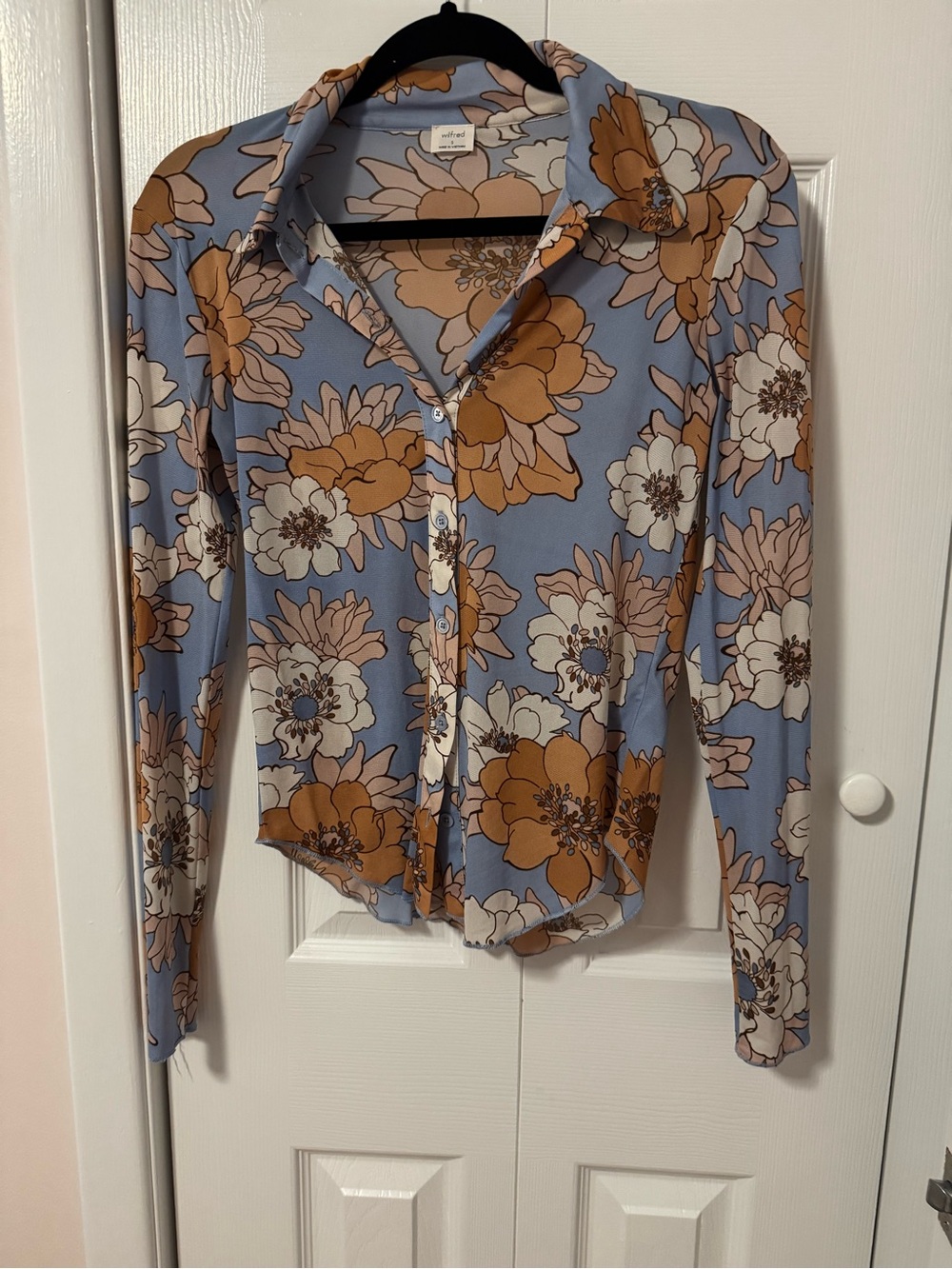 Wilfred Aritzia Floral Mesh Button-Up Top Blue Tan Cream Size Small